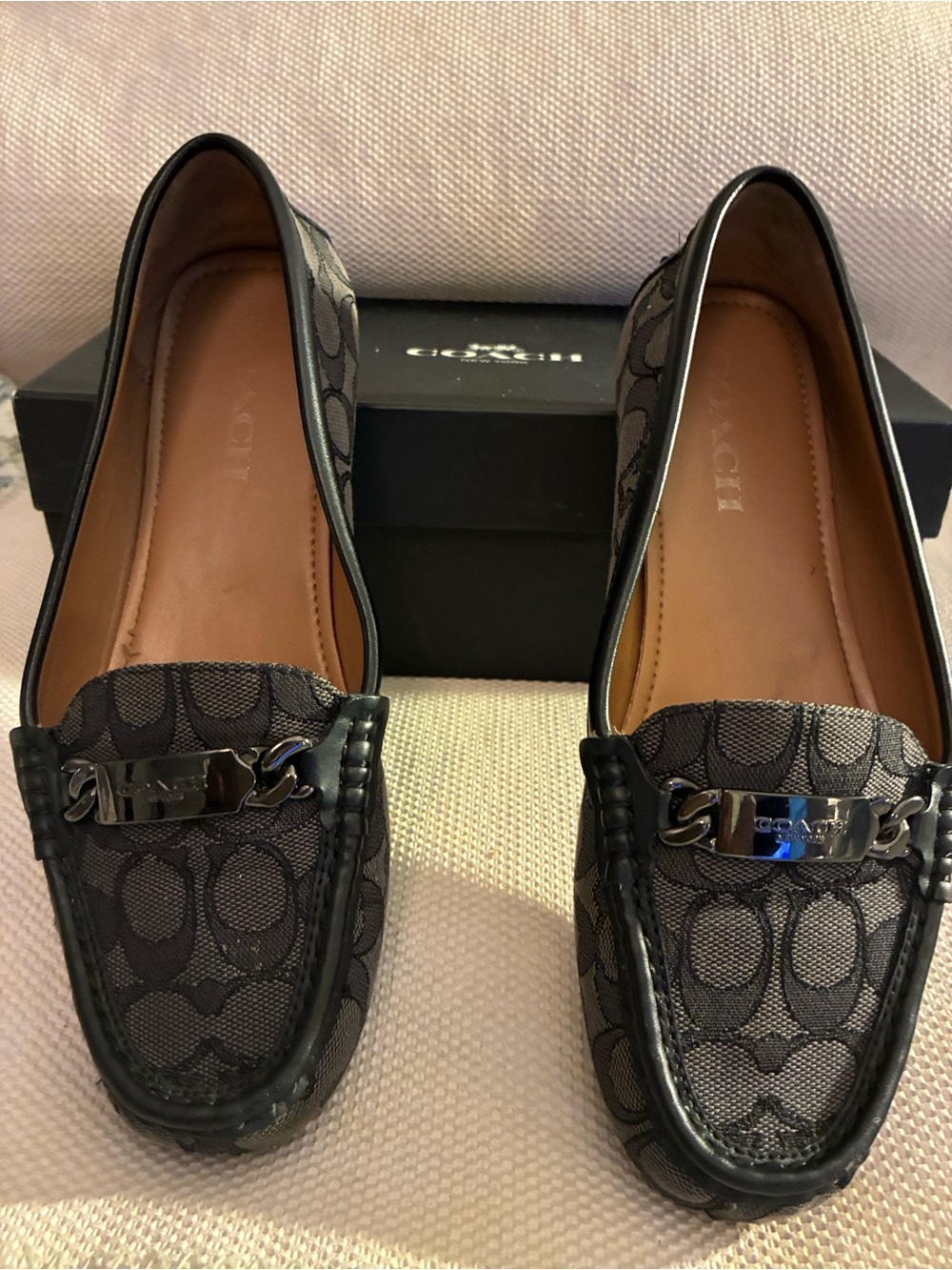 Coach Olive Charcoal Signature Canvas Jacquard Loafers w/Metal logo hardware